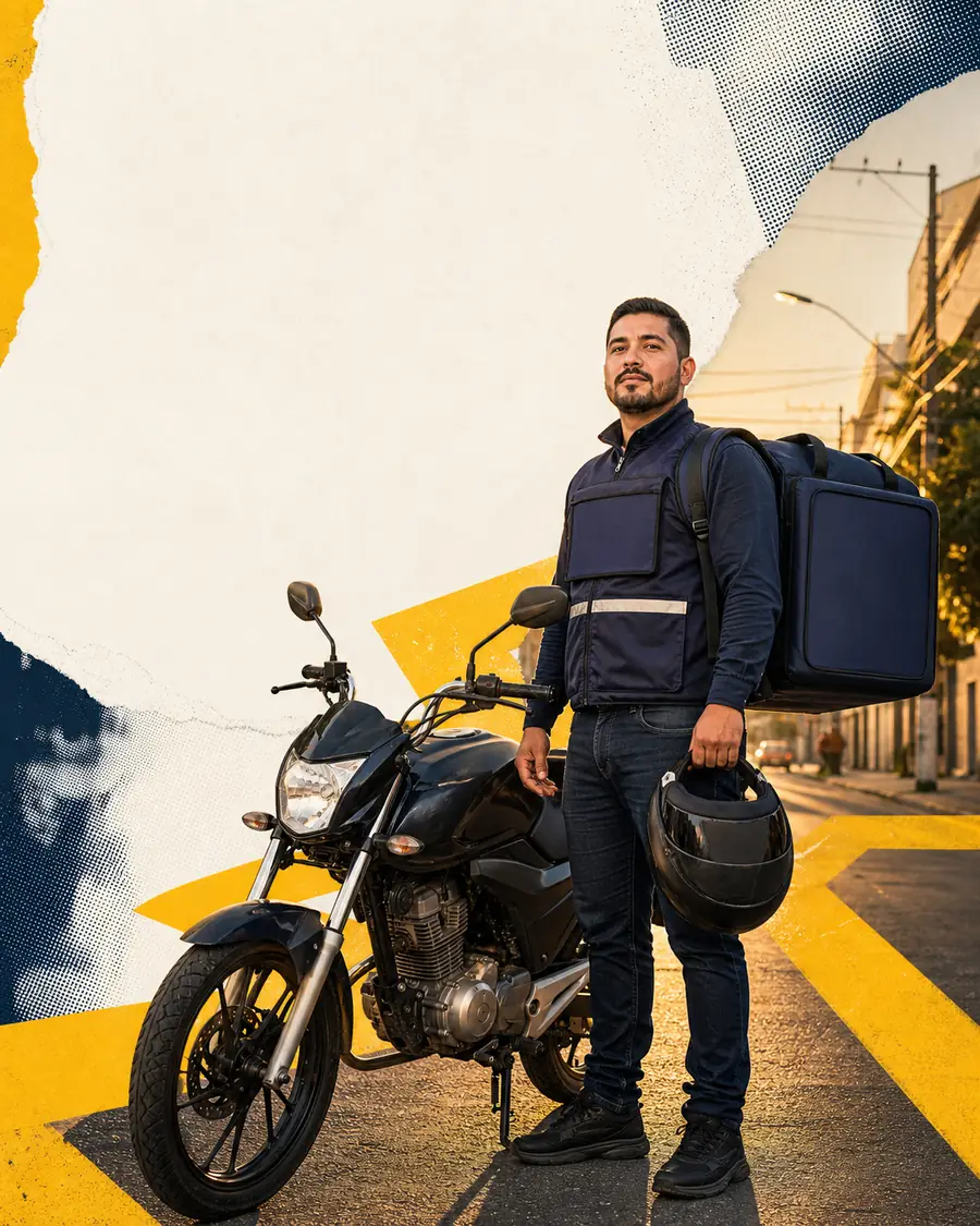 Motoboy ao lado da moto com a bag do Corry